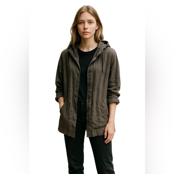 ORGANIC LINEN EILEEN FISHER Women’s SZ L Anorak Jacket Button Pockets Hood Brown - Picture 4 of 17